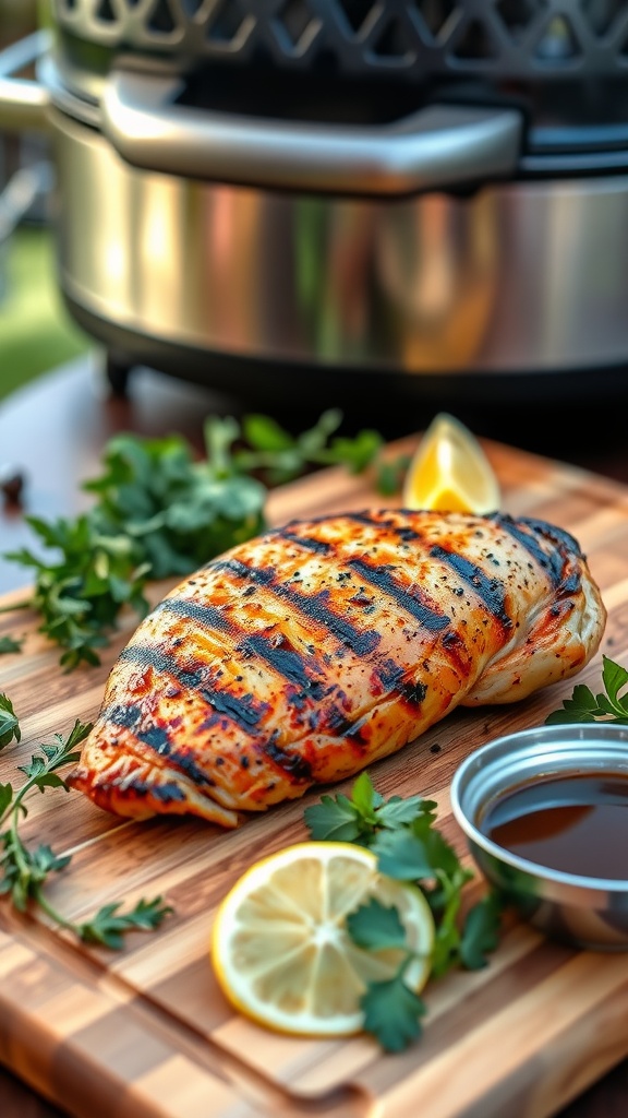 Grilled chicken breast with char marks on a cutting board, surrounded by herbs and marinade, with a barbecue machine in the background.